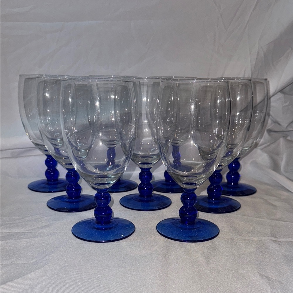 Set of 3 Blue Glasses by Libbey - Cobalt Blue Bubble Stem Water/Cocktail Glasses
